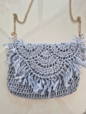 Lisi Lerch Blue Crocheted Raffia Fringe Crossbody Bag